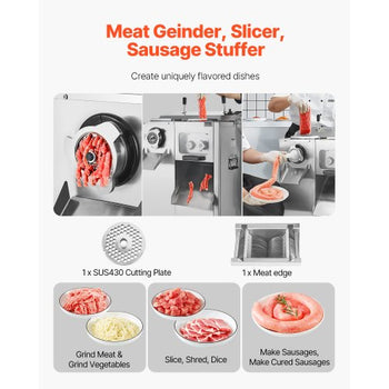 Meat Grinder, 14 Lbs/Min Electric Meat Grinder, Slicer, Sausage Stuffer with Blade, Grinding Plate, Sausage Maker, Stainless Steel Meat Mincer Cabinet for Slice Shred Dice, Restaurant Butcher