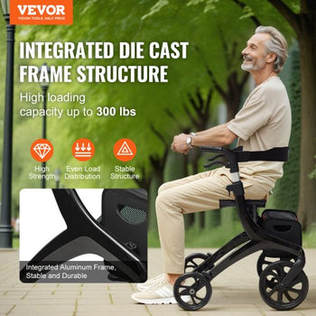 Folding Rollator Walker for Seniors and Adults, Lightweight Aluminum Rolling Walker with Seat and Adjustable Handle, 4-Wheel Outdoor Mobility Walker with Spacious Storage Bag, 300LBS Capacity