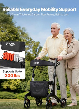 Rollator Walker with Seat for Seniors, Foldable Lightweight Rolling Walker, Carbon Fiber Mobility Walking Aid with 8" Solid PVC Wheels and Adjustable Handle - Supports up to 300LBS