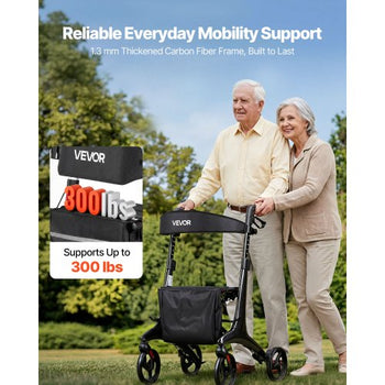 Rollator Walker with Seat for Seniors, Foldable Lightweight Rolling Walker, Carbon Fiber Mobility Walking Aid with 8" Solid PVC Wheels and Adjustable Handle - Supports up to 300LBS