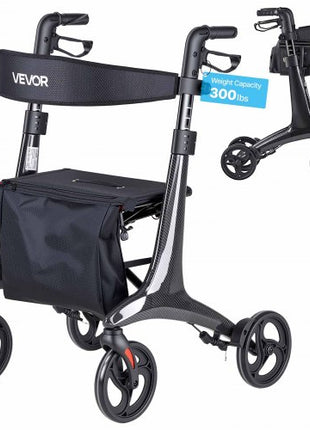 Rollator Walker with Seat for Seniors, Foldable Lightweight Rolling Walker, Carbon Fiber Mobility Walking Aid with 8" Solid PVC Wheels and Adjustable Handle - Supports up to 300LBS