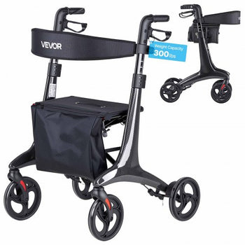 Rollator Walker with Seat for Seniors, Foldable Lightweight Rolling Walker, Carbon Fiber Mobility Walking Aid with 8" Solid PVC Wheels and Adjustable Handle - Supports up to 300LBS