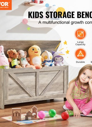 Wooden Toy Chest for Kids, Toddler Toy Storage Box with Flip-Top Lid and Safety Hinge, 38.98 x 15.55 x 18.9" Large Kids Storage Bench for Playroom, Bedroom, Living Room or Entryway, Gray