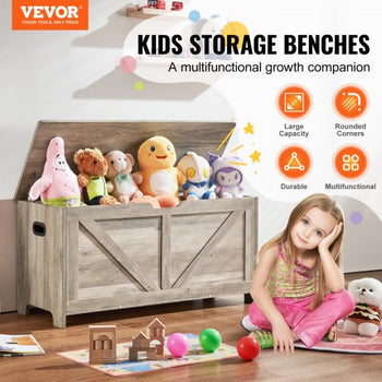 Wooden Toy Chest for Kids, Toddler Toy Storage Box with Flip-Top Lid and Safety Hinge, 38.98 x 15.55 x 18.9" Large Kids Storage Bench for Playroom, Bedroom, Living Room or Entryway, Gray