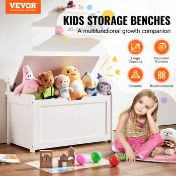 Wooden Toy Chest for Kids, Toddler Toy Storage Box with Flip-Top Lid and Safety Hinge, 32.68 x 17.91 x 24.02" Large Kids Storage Bench for Playroom, Bedroom, Living Room or Entryway, White