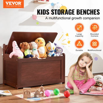 Wooden Toy Chest for Kids, Toddler Toy Storage Box with Flip-Top Lid and Safety Hinge, 32.68 x 17.91 x 24.02" Large Kids Storage Bench for Playroom, Bedroom, Living Room or Entryway, Cherry