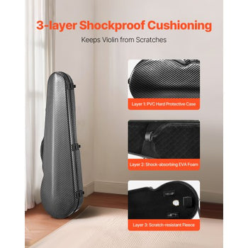 4/4 Full Size Violin Case, Built-in Hygrometer, Lightweight Portable Travel Carrying Bag, with Plush Lining, Dual Shoulder Straps, Anti-Scratch, Professional Triangular Shape, for Violin, Black