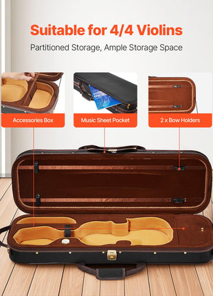4/4 Full Size Violin Case, Built-in Hygrometer, Lightweight Portable Travel Carrying Bag, with Plush Lining, Shoulder Straps, Anti-Scratch, Professional Oblong Shape, for Violin, Black