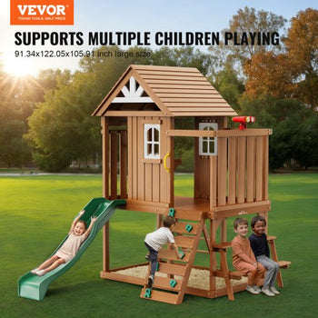 Outdoor Wooden Playhouse, Modern Cedar Playhouse for Age 2-8 Years Kids, Garden Games Cottage, Country Style Cedar Playhouse with Slide, Ladder, Climbing Wall, Windows, Picnic Table and Bench