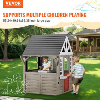 Outdoor Wooden Playhouse, Modern Cedar Playhouse for Age 2-10 Years Kids, Garden Games Cottage, Country Style Cedar Playhouse with Working Door, Window, Flower Pot Holder, Grill, Stove, and Sink