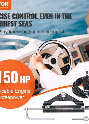 150HP Hydraulic Outboard Steering Kit Boat Marine System, Built-in Two-Way Lock Cylinder, 150HP Pump and High-Strength Nylon Hose for Single Station, Single-Engine use