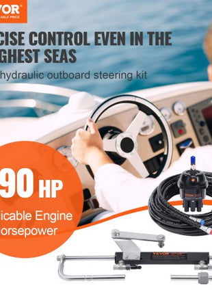 Hydraulic Outboard Steering Kit, 90HP, Marine Boat Hydraulic Steering System, with Helm Pump Two-Way Lock Cylinder and 20 Feet Hydraulic Steering Hose, for Single Station Single-Engine Boats
