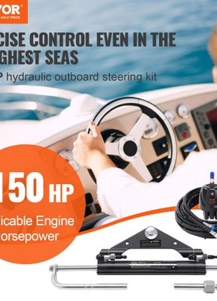 Hydraulic Outboard Steering Kit, 150HP, Marine Boat Hydraulic Steering System, with Helm Pump Two-Way Lock Cylinder and 24 Feet Hydraulic Steering Hose, for Single Station Single-Engine Boats