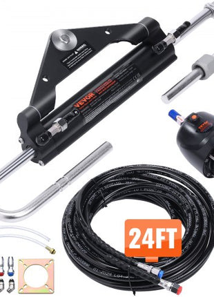 Hydraulic Outboard Steering Kit, 150HP, Marine Boat Hydraulic Steering System, with Helm Pump Two-Way Lock Cylinder and 24 Feet Hydraulic Steering Hose, for Single Station Single-Engine Boats