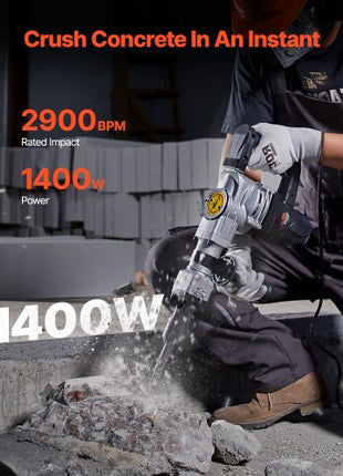 Demolition Jack Hammer, 1400W Electric Jackhammer Heavy Duty, 2pcs Chisels Bits Chipping with Case, 2900 BPM Concrete Breaker, Gloves Black