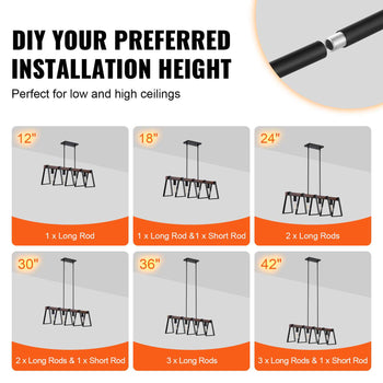 4-Light Kitchen Island Pendant Lights, 60W, Adjustable Dining Room Light Fixture with 2 x 6'' and 6 x 12'' Rods, Industrial Metal Frame Farmhouse Linear Chandeliers Lighting for Dining Room, E26