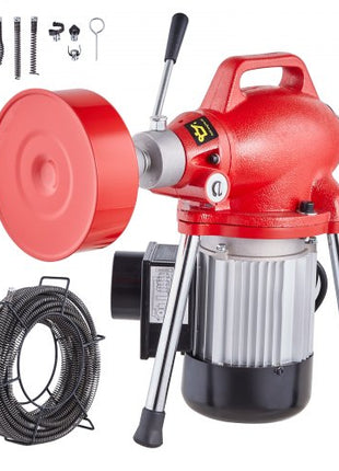 Drain Cleaner Machine 66FT x 5/8 Inch, 250W Electric Sewer Snake Auger Manual Feed - with 2 Sectional Steel Cables (66' x 5/8" and 15' x 3/8"), 7 Cutters and CW/CCW Control for 1.6" to 4" Pipes
