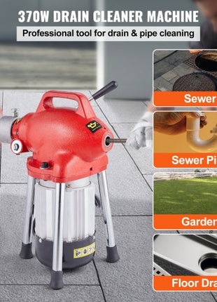 Drain Cleaner Machine 120FT x 5/8 Inch, 370W Electric Sewer Snake Auger Manual Feed - with 2 Sectional Steel Cables(120' x 5/8" and 23' x 3/8"), 7 Cutters and CW/CCW Control for 1.6" to 4" Pipes