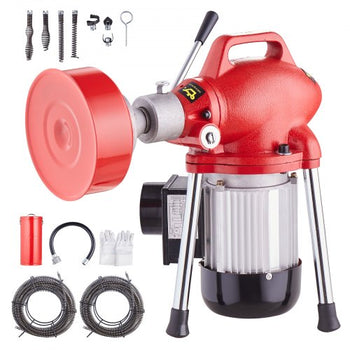 Drain Cleaner Machine 120FT x 5/8 Inch, 370W Electric Sewer Snake Auger Manual Feed - with 2 Sectional Steel Cables(120' x 5/8" and 23' x 3/8"), 7 Cutters and CW/CCW Control for 1.6" to 4" Pipes