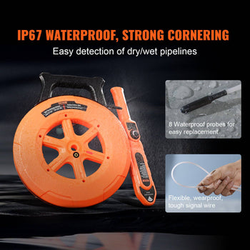 IP67 waterproof orange cable reel with robust design and 8 replaceable probes for detecting dry/wet pipelines.