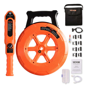 Orange VEVOR measuring wheel with digital display, accessories, and carrying bag for precise distance measurement.