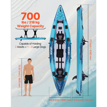 Inflatable Kayak, 2-Person Inflatable Recreational Kayak 700LBS Capacity, Leak & Puncture-Resistant with Padded Seat, PVC Drop-Stitch Floor, 2 Paddles, Hand Pump & Carry Bag for Fishing Camping
