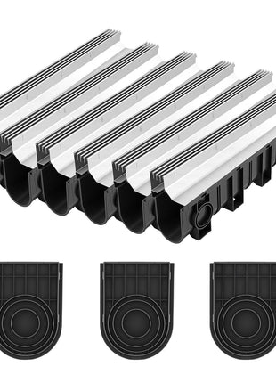 Trench Drain, 39.7 x 5.8 x 7.4 in, 3 Pack Linear Drainage Channel with Stainless Steel Grate, HDPE Channel Drain, Outdoor Drainage System for Driveway, Patio, Pool, Garden, Black & Silver