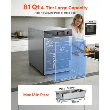 Electric Hot Box Food Warmer, 4-Tier Commercial Warming Cabinet with Water Tray, Single-Door and Adjustable Shelves, Stainless Steel Food Warmer Cabinet, for Restaurant, Kitchen, Pizza, Chicken