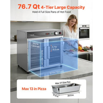 Electric Hot Box Food Warmer, 4-Tier Commercial Warming Cabinet with Water Tray, Glass Door and Adjustable Shelves, Stainless Steel Food Warmer Cabinet, for Restaurant, Kitchen, Pizza, Chicken