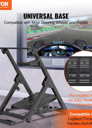 Foldable Racing Steering Wheel Stand, Height Adjustable Universal Base Compatible with Logitech & Thrustmaster Racing Wheel and Pedal, Movable Wheels Heavy-duty Frame Standard GT/Formula Seating
