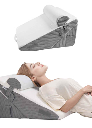 Bed Wedge Pillow for Sleeping, 3 Pcs Adjustable Orthopedic Bed Wedge Set, with Jacquard Washable Cover & Foam Support, Post Surgery Pillow for Acid Reflux Back Pain Snoring Relief, White/Grey