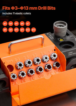 Drill Bits Sharpener MR-13D, 3–13mm Professional Drill Bit Grinder with Adjustable Lip Relief Angle, Front Cutting Lip & 95°-135° Point Angle, 5800RPM Re-Sharpener with 11 Collets & CBN Wheel