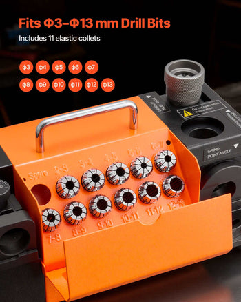 Drill Bits Sharpener MR-13D, 3–13mm Professional Drill Bit Grinder with Adjustable Lip Relief Angle, Front Cutting Lip & 95°-135° Point Angle, 5800RPM Re-Sharpener with 11 Collets & CBN Wheel