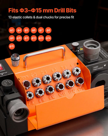 Drill Bits Sharpener MR-13B+, 3-15mm Drill Bit Grinder Sharpener with Adjustable Lip Relief Angle & 95°-135° Point Angle, 5800RPM High Speed Re-Sharpener with 13 Collets, CBN & SDC Wheels