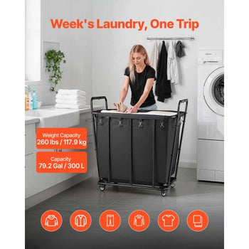 Laundry Cart, Rolling Grocery Utility Cart with Waterproof Liner & Swivel Wheels, 260 LBS Large Load Capacity, Heavy Duty Shopping Basket for Laundry, Shopping, Camping, Grocery, Luggage, Black