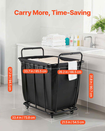 Laundry Cart, Rolling Grocery Utility Cart with Waterproof Liner & Swivel Wheels, 260 LBS Large Load Capacity, Heavy Duty Shopping Basket for Laundry, Shopping, Camping, Grocery, Luggage, Black