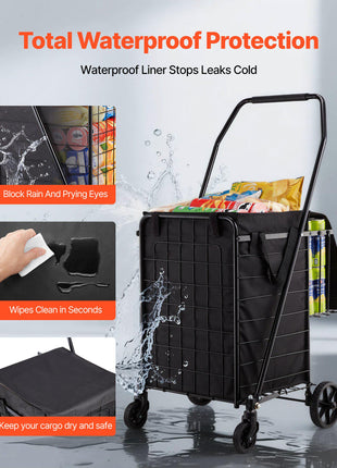 Shopping Cart, Folding Grocery Utility Cart with Dual Baskets, Waterproof Liner & Wheels, 100 LBS Large Load Capacity, Heavy Duty Laundry Basket for Laundry, Shopping, Camping, Grocery, Luggage