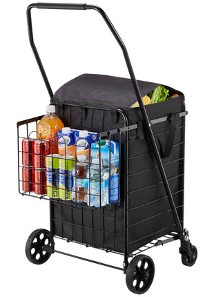 Shopping Cart, Folding Grocery Utility Cart with Dual Baskets, Waterproof Liner & Wheels, 100 LBS Large Load Capacity, Heavy Duty Laundry Basket for Laundry, Shopping, Camping, Grocery, Luggage