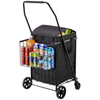 Shopping Cart, Folding Grocery Utility Cart with Dual Baskets, Waterproof Liner & Wheels, 100 LBS Large Load Capacity, Heavy Duty Laundry Basket for Laundry, Shopping, Camping, Grocery, Luggage