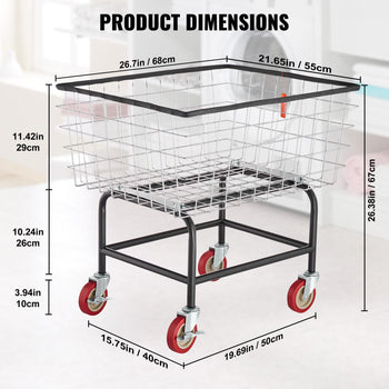 Wire Laundry Cart, 2.8Bushel Wire Laundry Basket with Wheels, 26.7''x21.7''x26.4'' Commercial Wire Laundry Basket Cart, Steel Frame with Chrome Finish, 4" Casters, Wire Basket Cart for Laundry