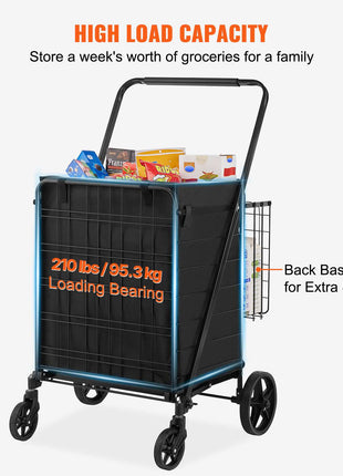Black collapsible shopping cart with high load capacity, featuring a sturdy metal frame and additional back storage basket.
