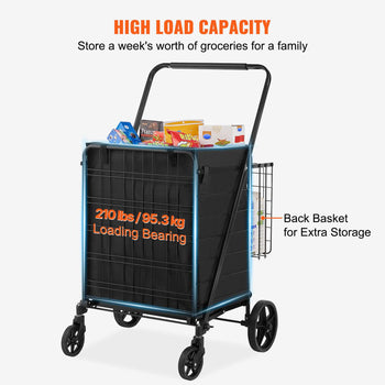 Black collapsible shopping cart with high load capacity, featuring a sturdy metal frame and additional back storage basket.