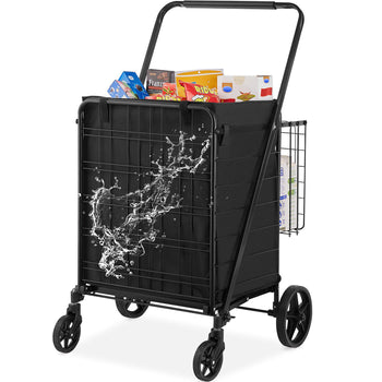 Black rolling shopping cart with waterproof design, sturdy wheels, and spacious storage for groceries and supplies.