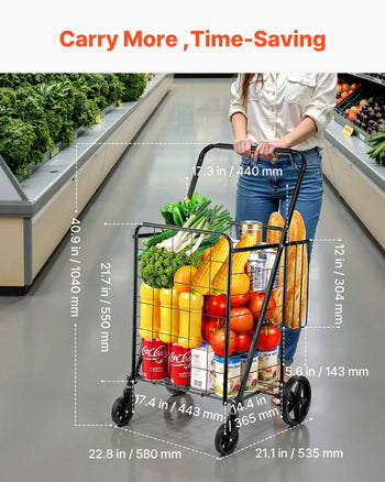 Black metal grocery cart with a sturdy handle, filled with fresh produce and canned goods, perfect for shopping trips.