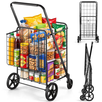 Black metal grocery cart with wheels, filled with colorful snacks and drinks, perfect for shopping and storage.