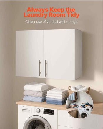 Laundry Room Wall Cabinet, 2-Tier Wall Mounted Hanging Cabinet with Adjustable Shelf, 32 in Cupboard Storage with 2 Doors, for Bathroom, Kitchen, Laundry, 16 x 32 x 24 in (D x W x H), White
