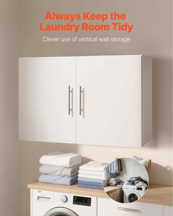 Laundry Room Wall Cabinet, 2-Tier Wall Mounted Hanging Cabinet with Adjustable Shelf, 36 in Cupboard Storage with 2 Doors, for Kitchen, Bathroom, Laundry, 16 x 36 x 24 in (D x W x H), White