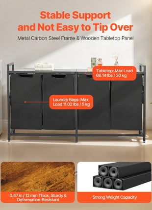 4 Section Laundry Sorter, Large Laundry Hamper with Metal Frame and Wooden Tabletop, Freestanding Storage Organizer Baskets with Pull-Out 600D Oxford Cloth Bags for Dirty Clothes, Bathroom