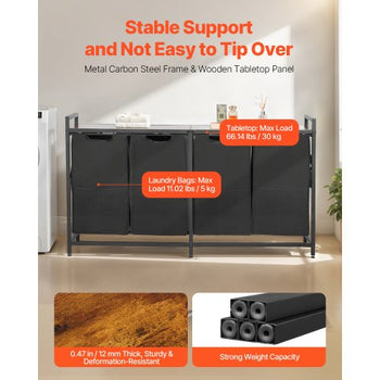 4 Section Laundry Sorter, Large Laundry Hamper with Metal Frame and Wooden Tabletop, Freestanding Storage Organizer Baskets with Pull-Out 600D Oxford Cloth Bags for Dirty Clothes, Bathroom
