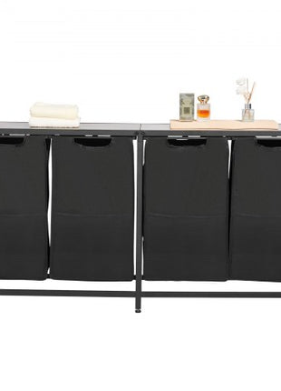 4 Section Laundry Sorter, Large Laundry Hamper with Metal Frame and Wooden Tabletop, Freestanding Storage Organizer Baskets with Pull-Out 600D Oxford Cloth Bags for Dirty Clothes, Bathroom